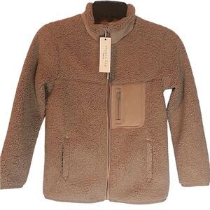 KIDS Girl Copper Key Khaki Tan Beige Faux Fur Jacket Coat Front Pocket